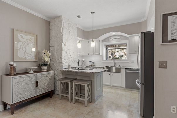 Interior, Kitchen, Marble Walls, Pendant Lights, Recessed Lighting, Stainless Steel Appliances