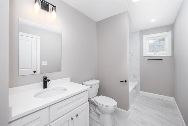 Bathroom, Interior, Marble, Marble Walls, Recessed Lighting, Wood Texture Flooring