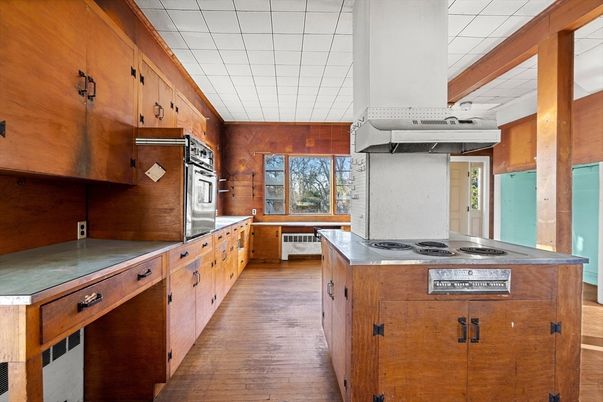 Interior, Kitchen, Tile Countertops, Wood Texture Flooring