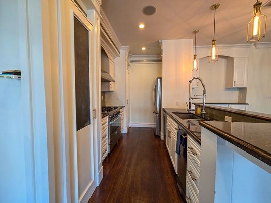 Interior, Kitchen, Pendant Lights, Recessed Lighting, Stainless Steel Appliances, Wood Texture Flooring