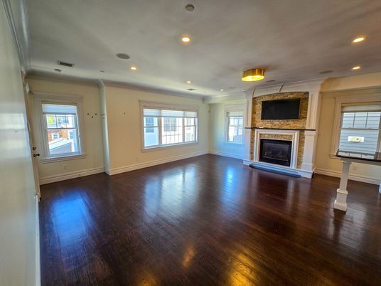 Empty room, Fireplace, Interior, Recessed Lighting, Wood Texture Flooring