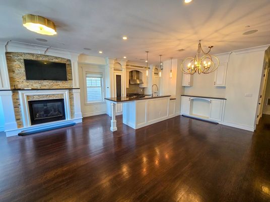 Chandelier, Fireplace, Interior, Kitchen, Pendant Lights, Recessed Lighting, Wood Texture Flooring
