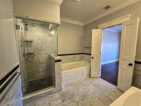 Bathroom, Glass Shower, Interior, Marble, Marble Walls, Wood Texture Flooring