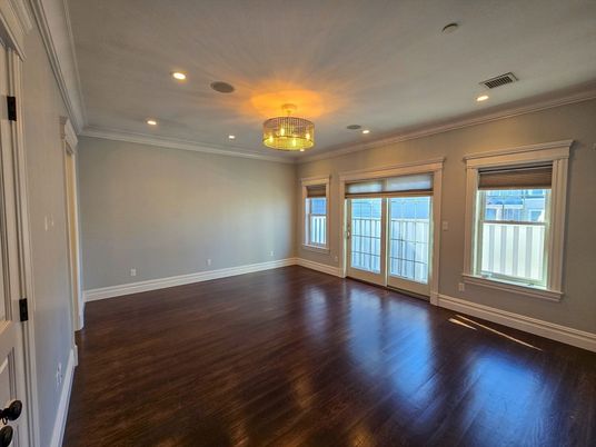 Chandelier, Empty room, Interior, Recessed Lighting, Wood Texture Flooring