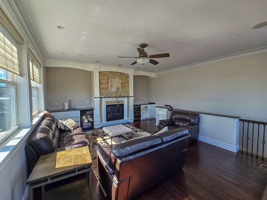 Fireplace, Interior, Living room, Recessed Lighting, Wood Texture Flooring
