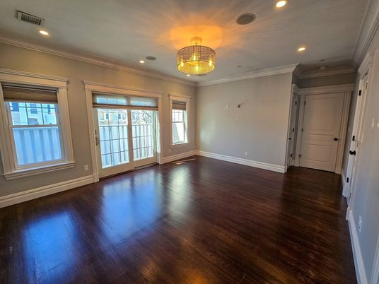 Chandelier, Empty room, Interior, Recessed Lighting, Wood Texture Flooring