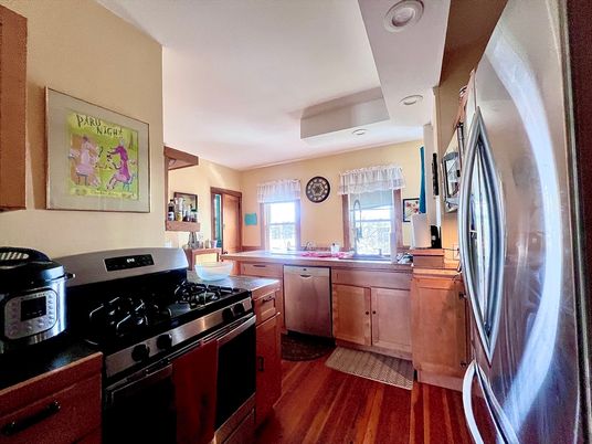 Interior, Kitchen, Recessed Lighting, Stainless Steel Appliances, Wood Texture Flooring