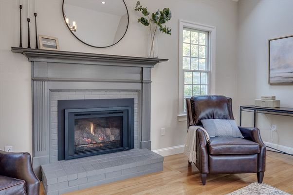 Fireplace, Interior, Recessed Lighting, Wood Texture Flooring