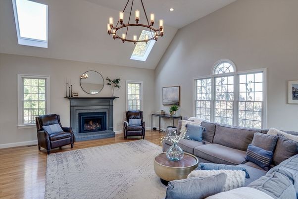 Chandelier, Fireplace, Interior, Living room, Recessed Lighting, Wood Texture Flooring