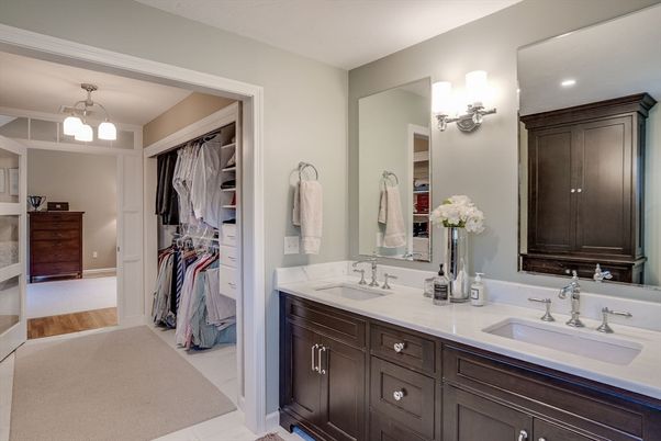 Bathroom, Dual Sink Vanities, Interior, Recessed Lighting, Walk-in Closets, Wood Texture Flooring