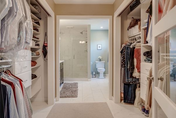 Bathroom, Glass Shower, Interior, Marble, Marble Walls, Recessed Lighting, Walk-in Closets