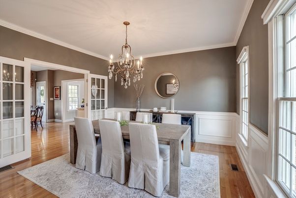 Chandelier, Dining room, Interior, Wood Texture Flooring