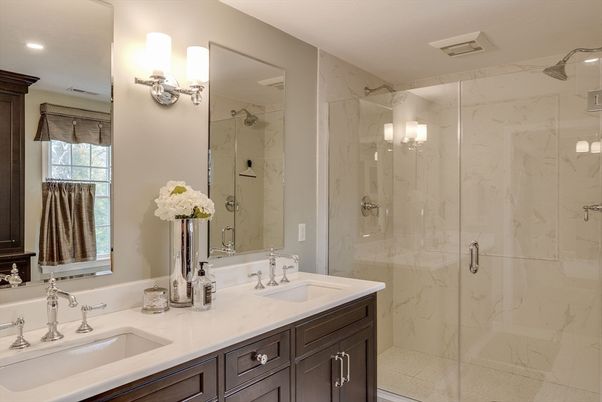 Bathroom, Dual Sink Vanities, Glass Shower, Interior, Marble Walls, Recessed Lighting