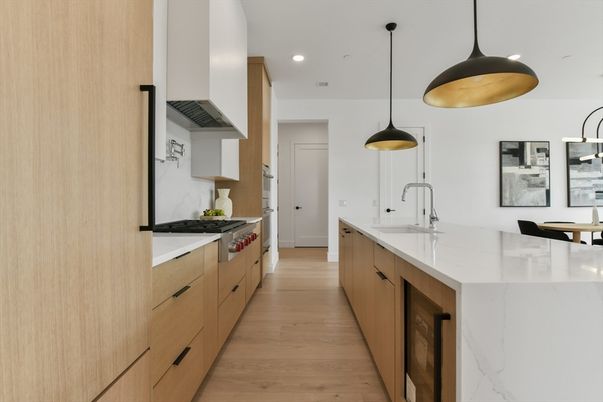 Interior, Kitchen, Pendant Lights, Recessed Lighting, Stainless Steel Appliances, Wood Texture Flooring