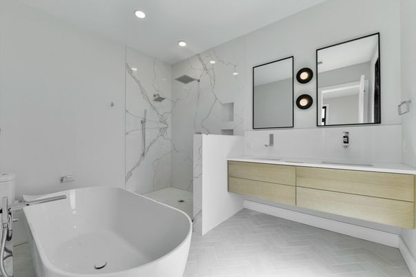 Bathroom, Dual Sink Vanities, Free Standing Baths, Interior, Marble Walls, Recessed Lighting