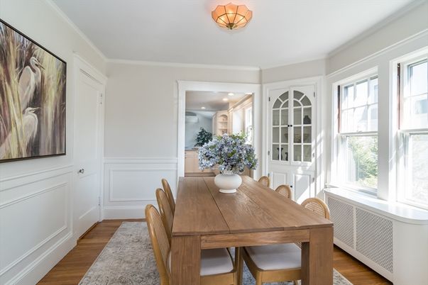 Dining room, Interior, Recessed Lighting, Wood Texture Flooring