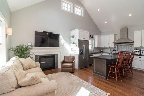 Fireplace, Interior, Kitchen, Living room, Recessed Lighting, Wood Texture Flooring