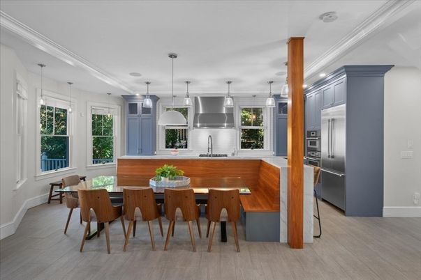Dining room, Interior, Kitchen, Pendant Lights, Stainless Steel Appliances, Wood Texture Flooring