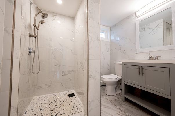 Bathroom, Glass Shower, Interior, Marble, Marble Walls, Recessed Lighting
