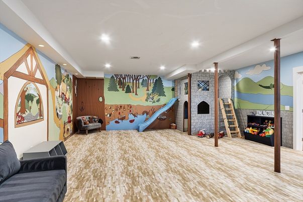 Fireplace, Interior, Recessed Lighting, Stone Walls
