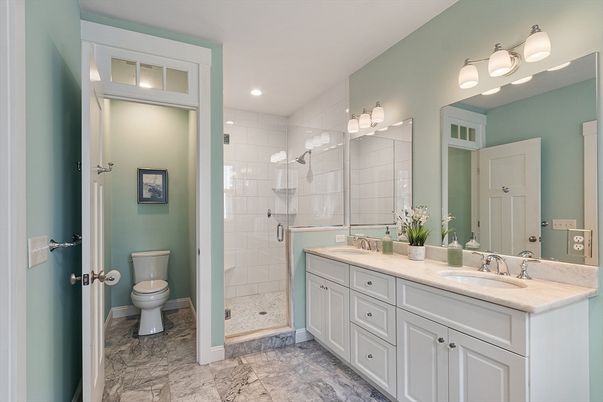 Bathroom, Dual Sink Vanities, Glass Shower, Interior, Recessed Lighting