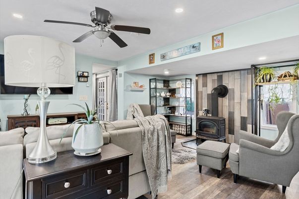 Fireplace, Interior, Recessed Lighting, Wood Texture Flooring