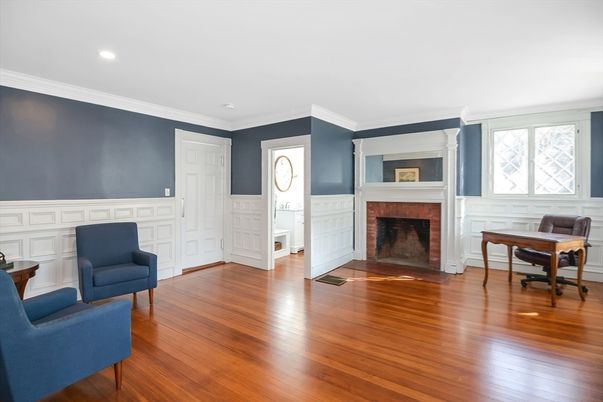 Fireplace, Home Office, Interior, Recessed Lighting, Wood Texture Flooring