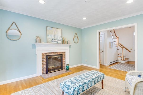 Fireplace, Interior, Recessed Lighting, Wood Texture Flooring