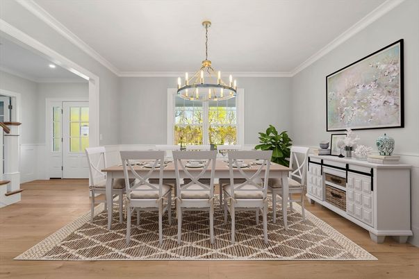 Chandelier, Dining room, Interior, Pendant Lights, Recessed Lighting, Wood Texture Flooring