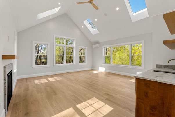 Fireplace, Interior, Recessed Lighting, Wood Texture Flooring