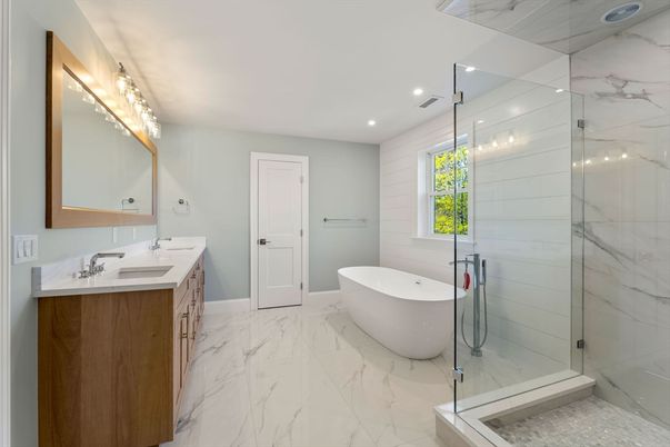 Bathroom, Dual Sink Vanities, Free Standing Baths, Glass Shower, Interior, Marble, Marble Walls, Recessed Lighting