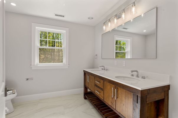 Bathroom, Dual Sink Vanities, Interior, Marble, Recessed Lighting