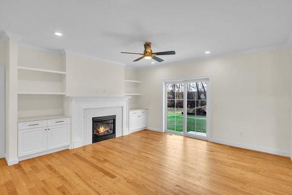 Empty room, Fireplace, Interior, Recessed Lighting, Wood Texture Flooring