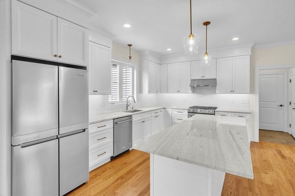 Interior, Kitchen, Pendant Lights, Recessed Lighting, Stainless Steel Appliances, Wood Texture Flooring