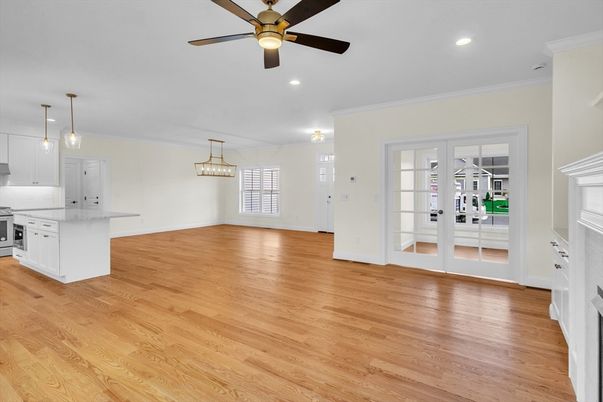 Empty room, Interior, Kitchen, Pendant Lights, Recessed Lighting, Wood Texture Flooring