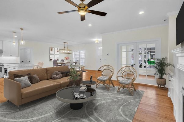 Dining room, Fireplace, Interior, Kitchen, Living room, Pendant Lights, Recessed Lighting, Wood Texture Flooring