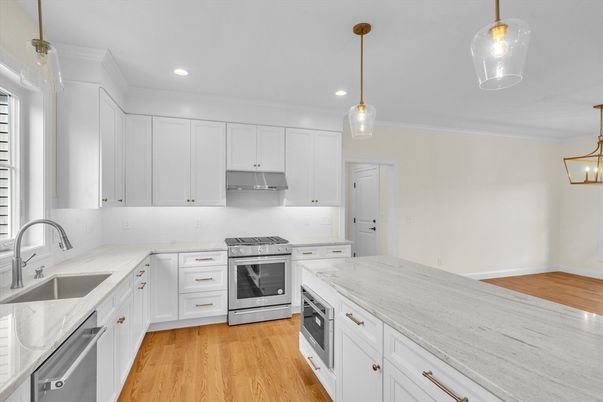 Interior, Kitchen, Pendant Lights, Recessed Lighting, Stainless Steel Appliances, Wood Texture Flooring