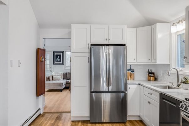 Interior, Kitchen, Living room, Stainless Steel Appliances, Wood Texture Flooring