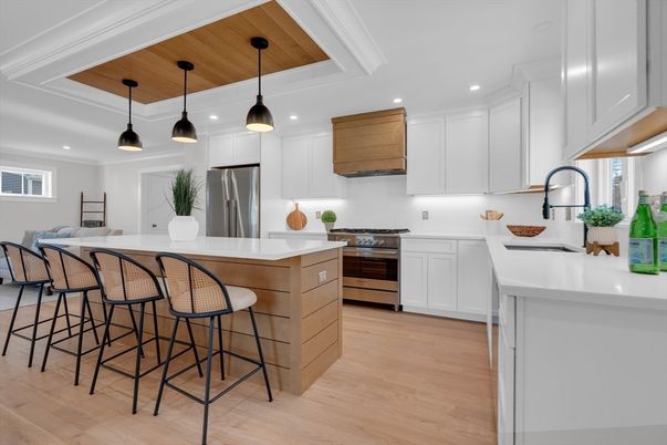 Interior, Kitchen, Pendant Lights, Recessed Lighting, Stainless Steel Appliances, Wooden Ceilings, Wood Texture Flooring