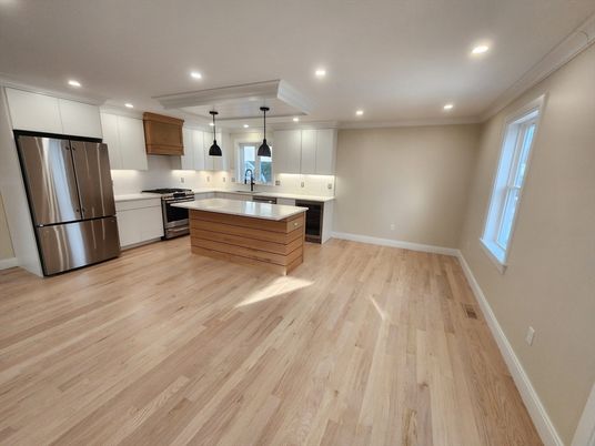 Interior, Kitchen, Pendant Lights, Recessed Lighting, Stainless Steel Appliances, Wood Texture Flooring