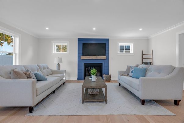 Fireplace, Interior, Living room, Recessed Lighting, Wood Texture Flooring