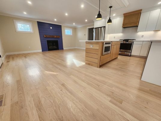 Fireplace, Interior, Kitchen, Pendant Lights, Recessed Lighting, Stainless Steel Appliances, Wood Texture Flooring
