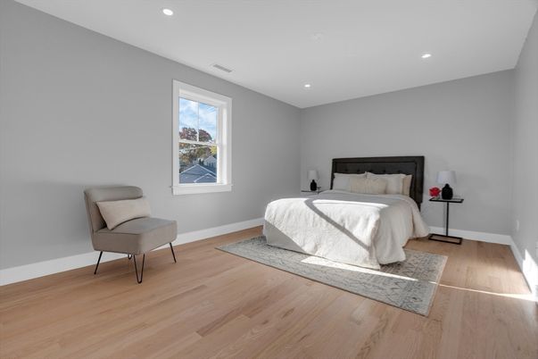 Bedroom, Interior, Recessed Lighting, Wood Texture Flooring