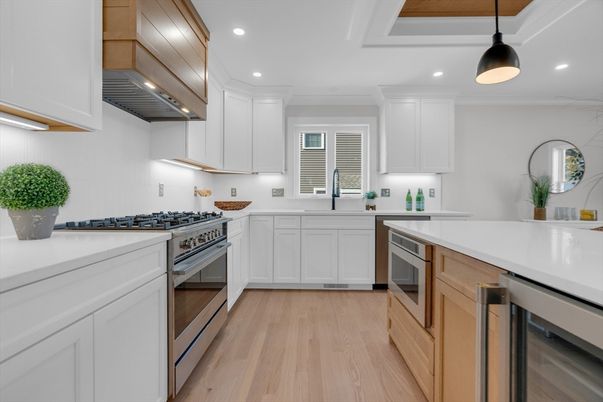 Interior, Kitchen, Pendant Lights, Recessed Lighting, Stainless Steel Appliances, Wood Texture Flooring