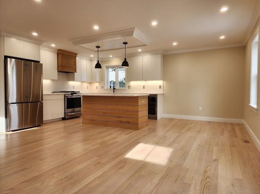 Interior, Kitchen, Pendant Lights, Recessed Lighting, Stainless Steel Appliances, Wood Texture Flooring