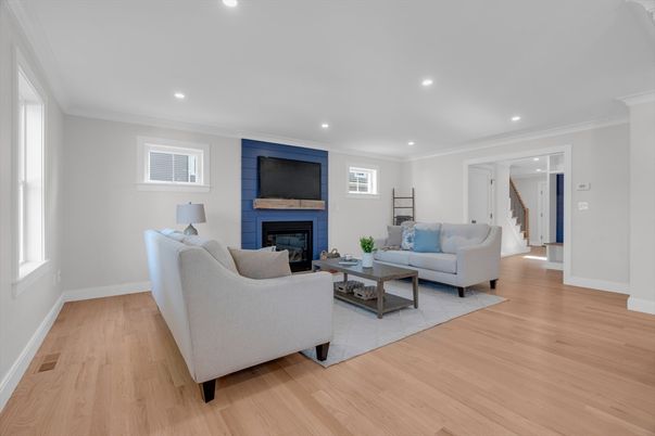 Fireplace, Interior, Living room, Recessed Lighting, Wood Texture Flooring