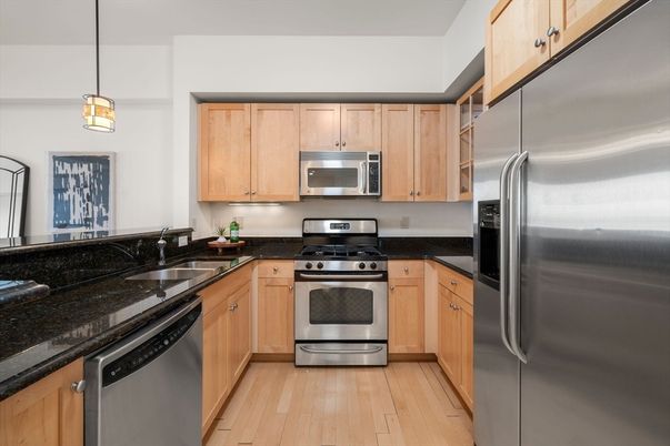 Interior, Kitchen, Pendant Lights, Stainless Steel Appliances, Wood Texture Flooring