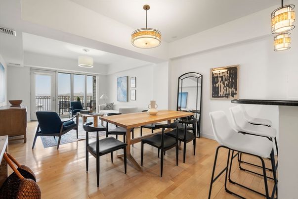 Dining room, Interior, Living room, Pendant Lights, Wood Texture Flooring