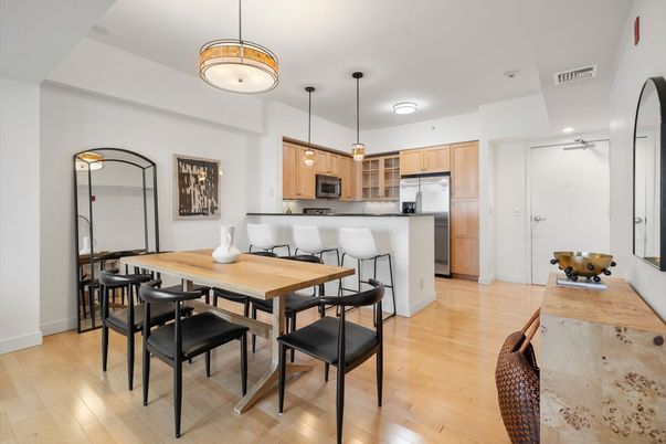 Dining room, Interior, Kitchen, Pendant Lights, Stainless Steel Appliances, Wood Texture Flooring
