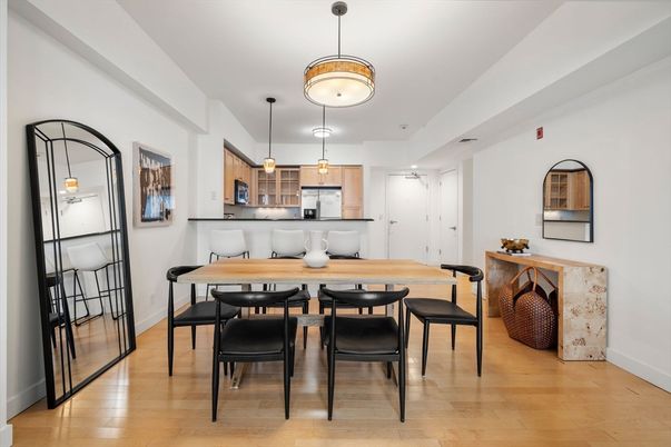 Dining room, Interior, Kitchen, Pendant Lights, Stainless Steel Appliances, Wood Texture Flooring